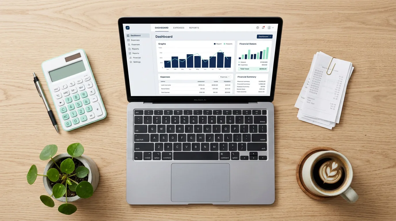 Digitale Buchhaltung: Kassen-Dashboard, Taschenrechner und Belege am Laptop